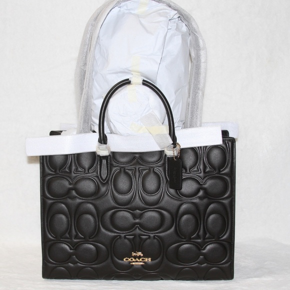 NWT COACH LARGE Black Maggie Tote Bag In Signature Leather Purse - Picture 3 of 6